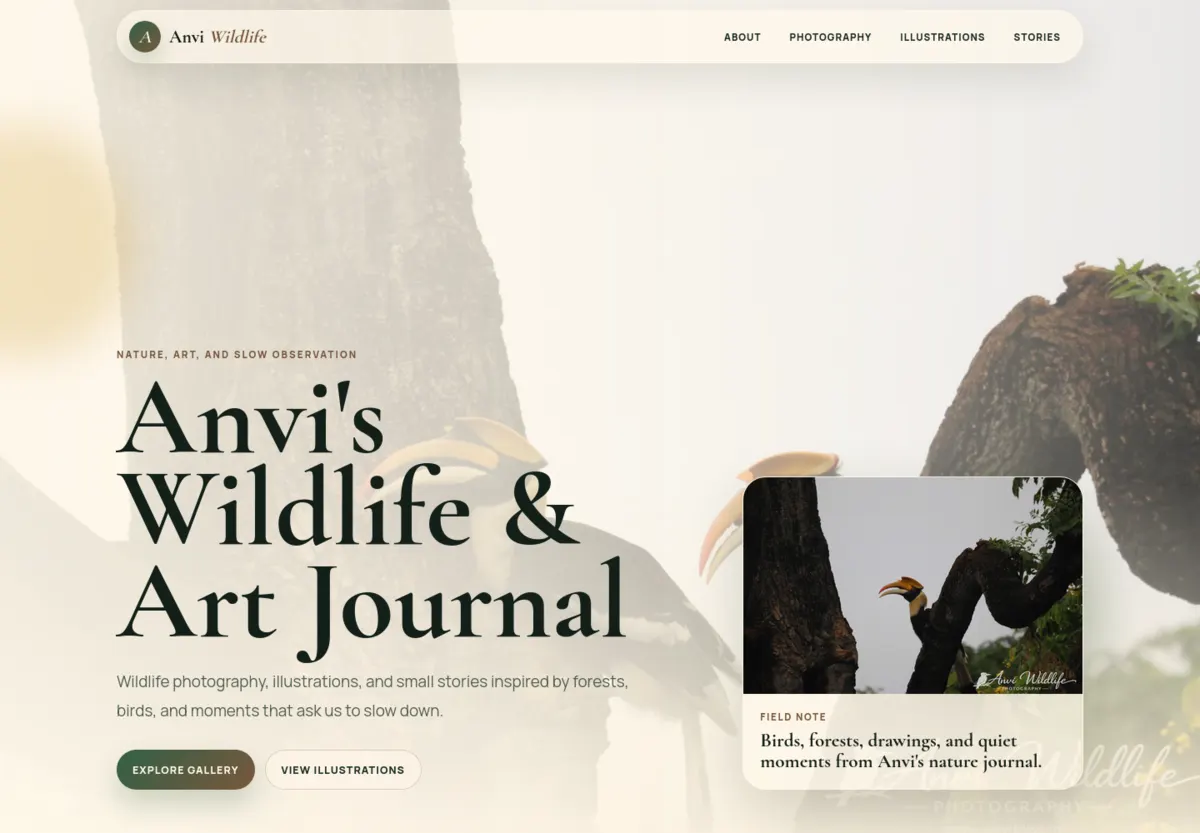AnviBliss India wildlife journal website home page preview