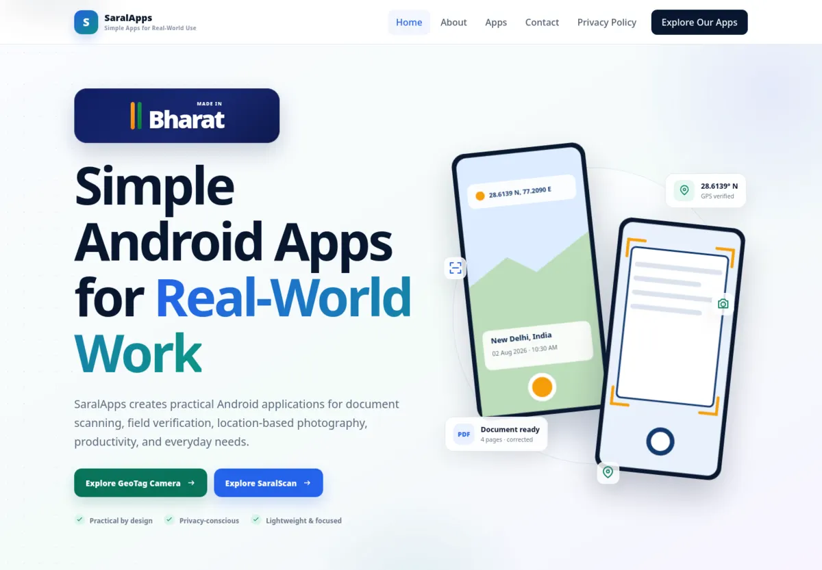 SaralApps Android applications website home page preview